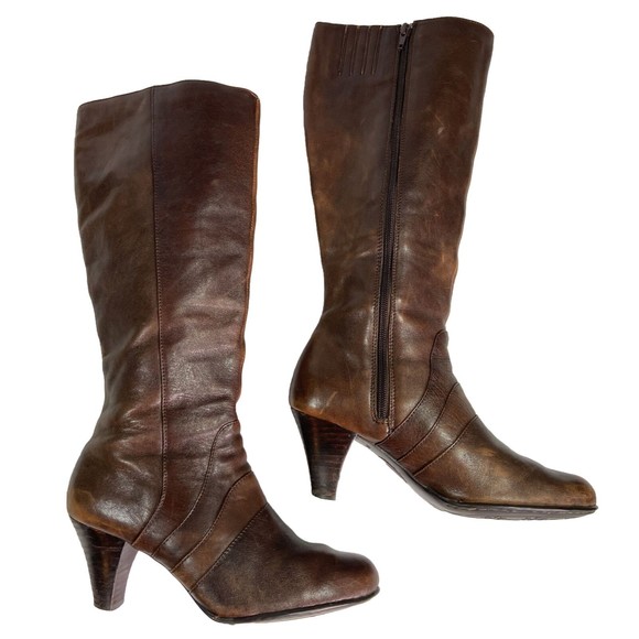 Born Shoes - Born Women’s SZ 8 Knee High Dress Boots Side Zip Block Heel Leather Upper Brown